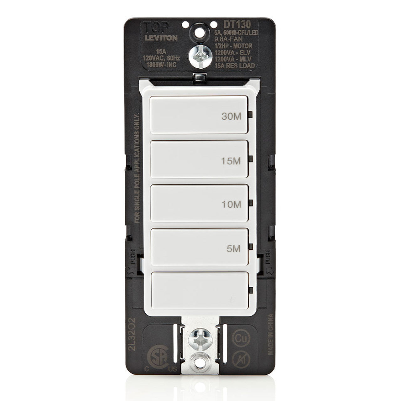 Leviton DT130-1LW Decora In-Wall 30 Minute Countdown Timer Switch, Single Pole, 15A, 1/2 HP, 9.8A Fan/Motor, White - Ready Wholesale Electric Supply and Lighting