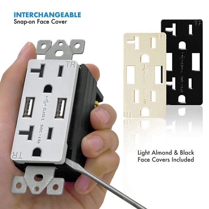 Enerlites 62001-TR2USB-CC-W Interchangeable Face Plate (Dual Usb 4.8a, Duplex Receptacle 20a) - Ready Wholesale Electric Supply and Lighting