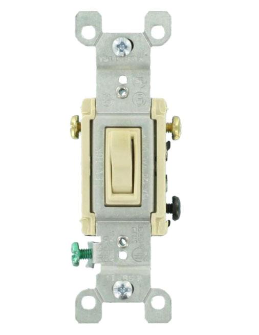 Leviton 1453 - 15 Amp, 120 Volt, Toggle Framed 3-Way AC Quiet Switch, Residential Grade, Grounding, Quickwire Push-In & Side Wired - Ready Wholesale Electric Supply and Lighting