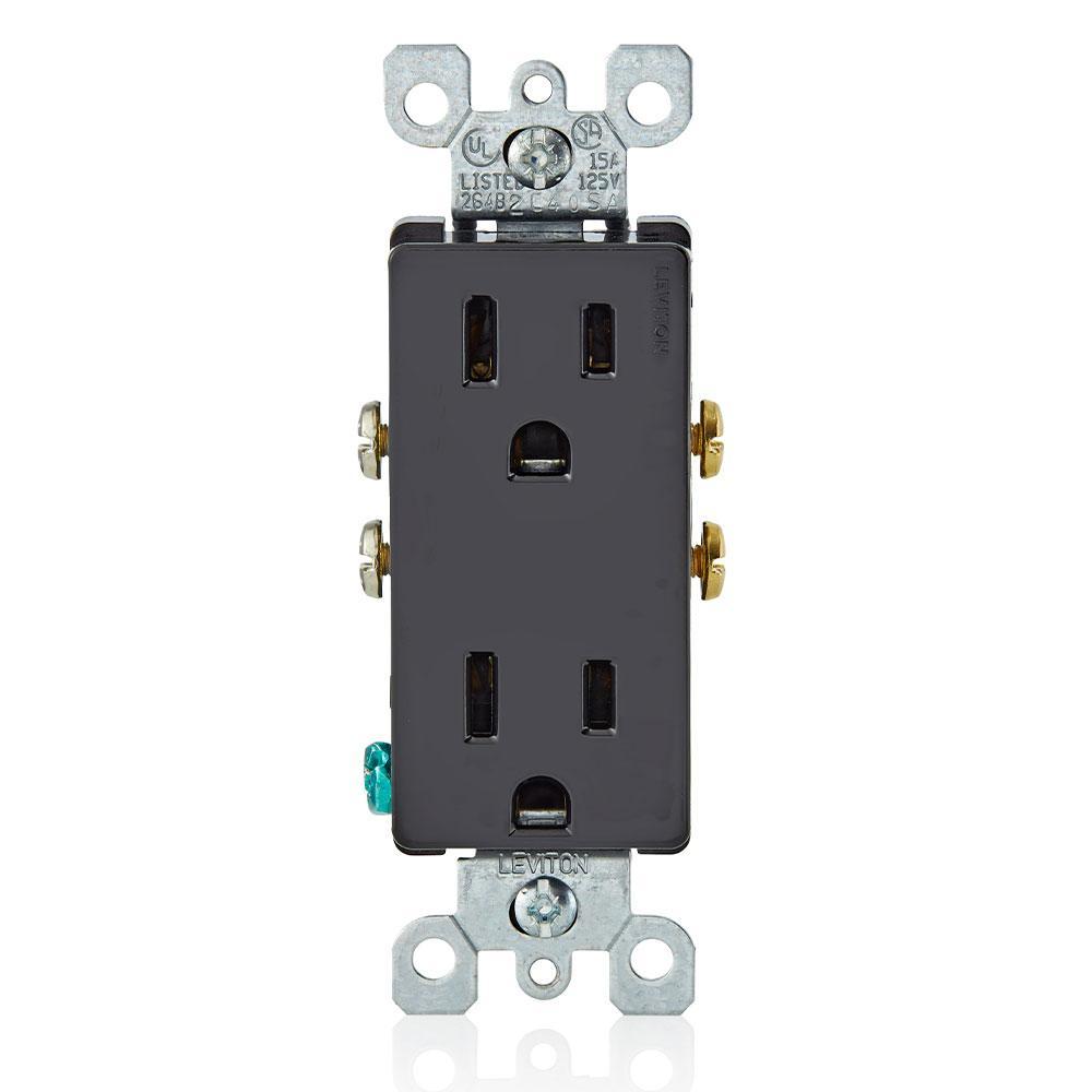 Leviton 5325 - 15 Amp, 125 Volt, NEMA 5-15R, 2-Pole, 3-Wire, Decora Duplex Receptacle, Straight Blade, Residential Grade, Self Grounding, Quickwire Push-In & Side Wired, Steel Strap - Ready Wholesale Electric Supply and Lighting