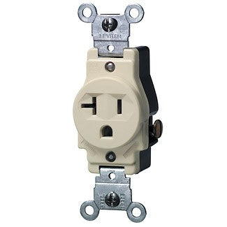 Leviton 5801 - Single Receptacle Outlet, Commercial Specification Grade, Smooth Face, 20 Amp, 125 Volt, Side Wire, NEMA 5-20R, 2-Pole, 3-Wire, Grounding - Ready Wholesale Electric Supply and Lighting