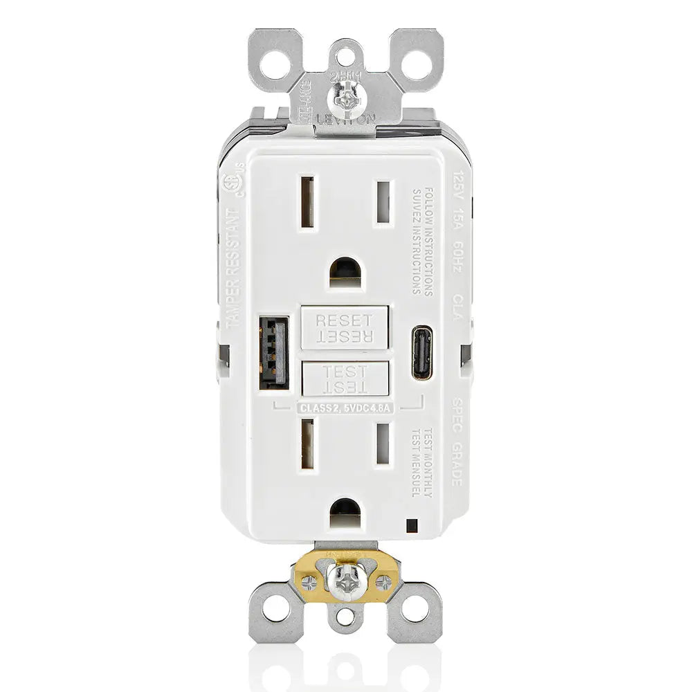 Leviton GUAC1-W 15A SmartlockPro® Self-Test GFCI Combination 24W(4.8A) Type A/C USB In-Wall Charger Outlet - Ready Wholesale Electric Supply and Lighting