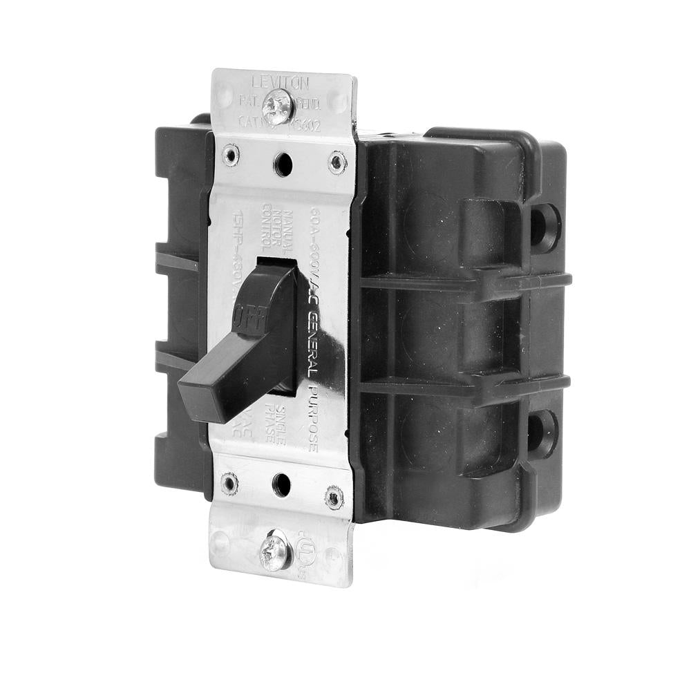 Leviton MS602-BW - 60 Amp, 600 Volt, Single Phase, Toggle Double-Pole AC Manual Motor Controller, Industrial Grade, Non-Grounding, Back Wired, - Black - Ready Wholesale Electric Supply and Lighting