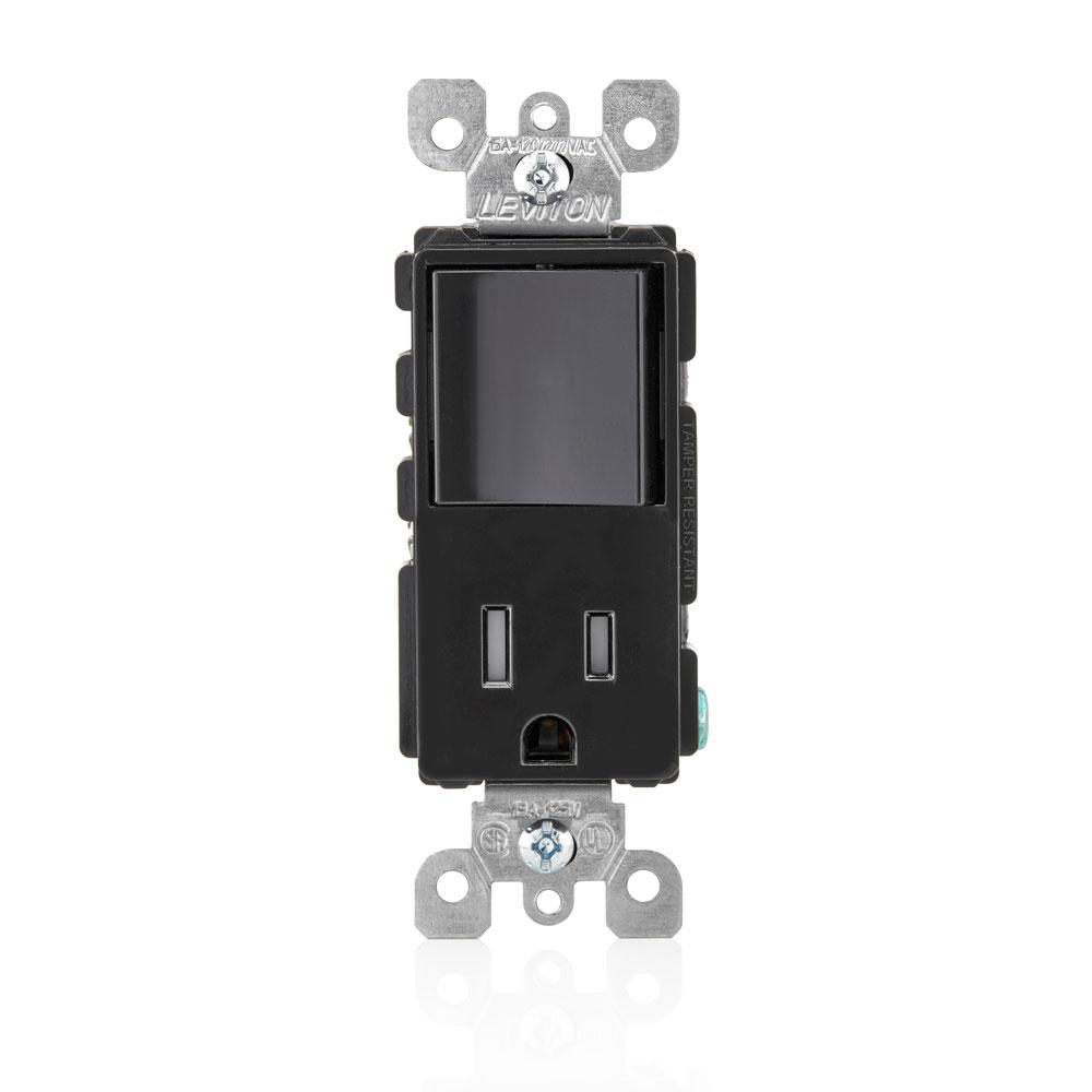 Leviton T5625-W - Tamper-Resistant rocker style combination decora switch and receptacle/outlet. 15a-120v ac single pole switch. 15a-12 premium spec grade,10 yr. cof, nema - Ready Wholesale Electric Supply and Lighting