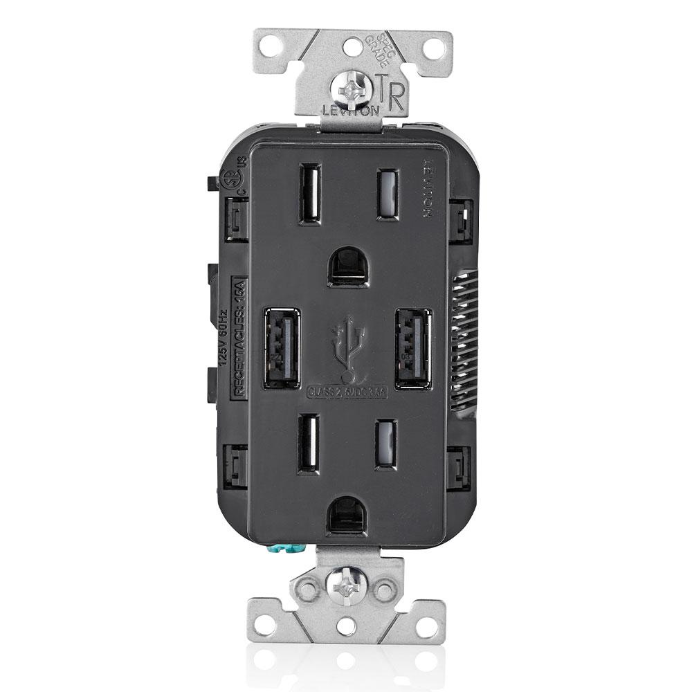 Leviton T5632 - 3.6A USB Type-A/Type-A Wall Outlet Charger with 15A Tamper-Resistant Receptacles - Ready Wholesale Electric Supply and Lighting