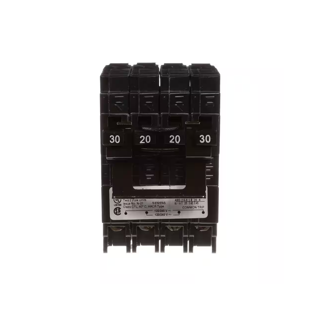 Siemens Q23020CT2 - 30/20 Amp Double-Pole Type QT Quad Circuit Breaker - Ready Wholesale Electric Supply and Lighting