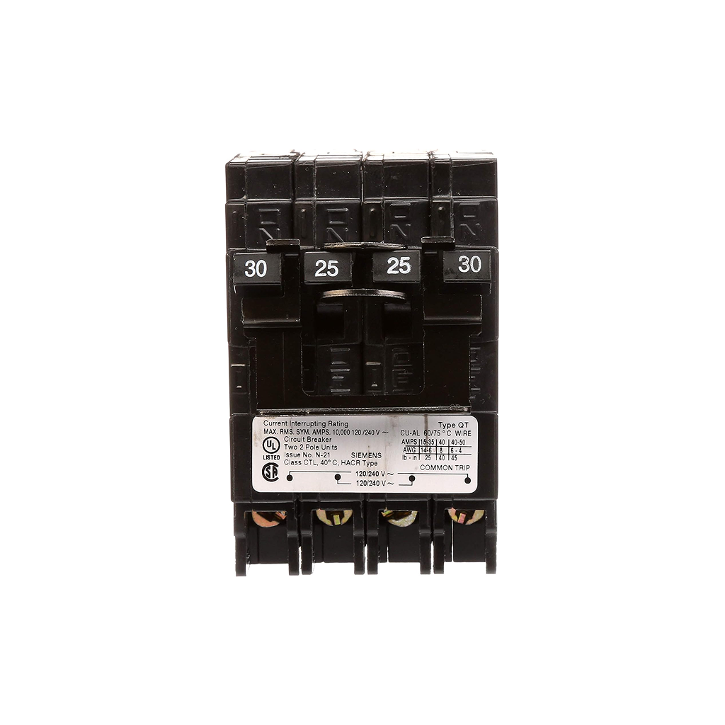 Siemens Q23025CT2 - 30/25 Amp Double-Pole Type QT Quad Circuit Breaker - Ready Wholesale Electric Supply and Lighting