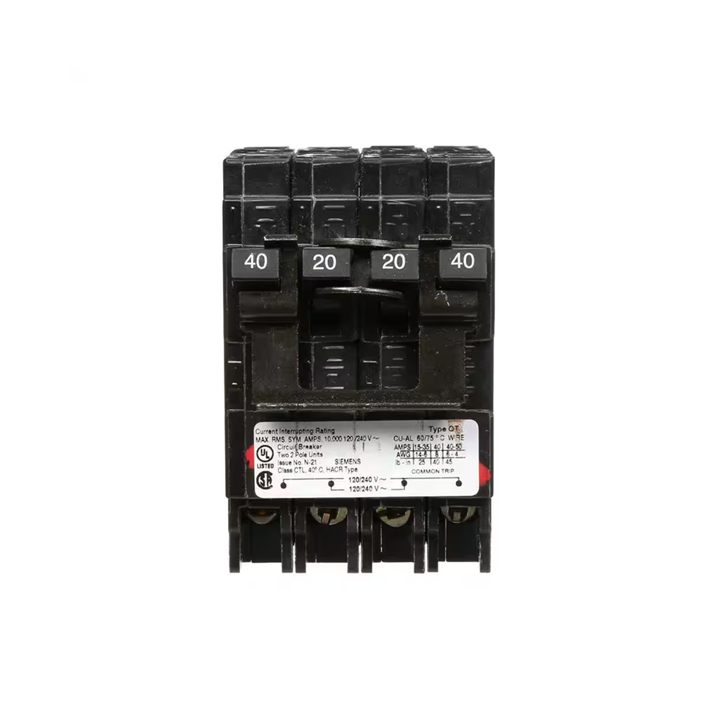 Siemens Q24020CT2 - 40/20 Amp Double-Pole Type QT Quad Circuit Breaker - Ready Wholesale Electric Supply and Lighting