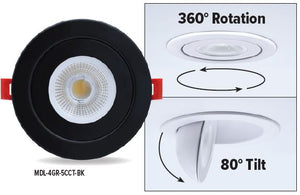 GM Lighting MDL-4GR-5CCT-BK MicroTask 4 5CCT 120V Mini IC Rated Round Gimbal Rotatable Regressed LED Downlight - Black - Ready Wholesale Electric Supply and Lighting